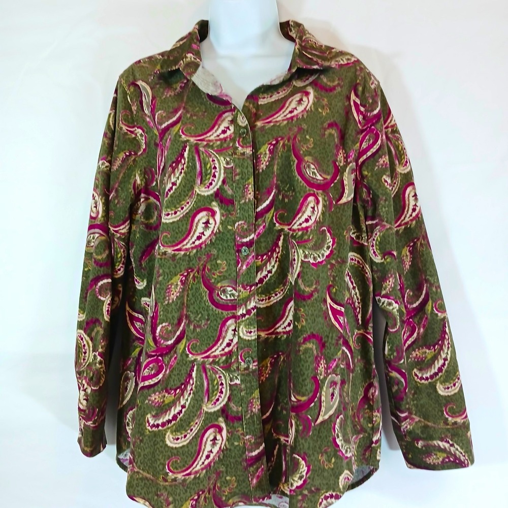 Chico's Shirt Green Purple9 White Paisley Corduroy Button Up Sz 2 Casual Fall